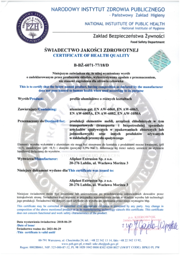 Health quality certificate of Aliplast Extrusion